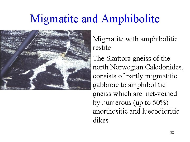 Migmatite and Amphibolite • Migmatite with amphibolitic restite • The Skattøra gneiss of the
