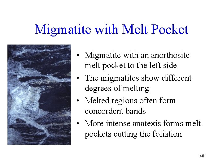 Migmatite with Melt Pocket • Migmatite with an anorthosite melt pocket to the left