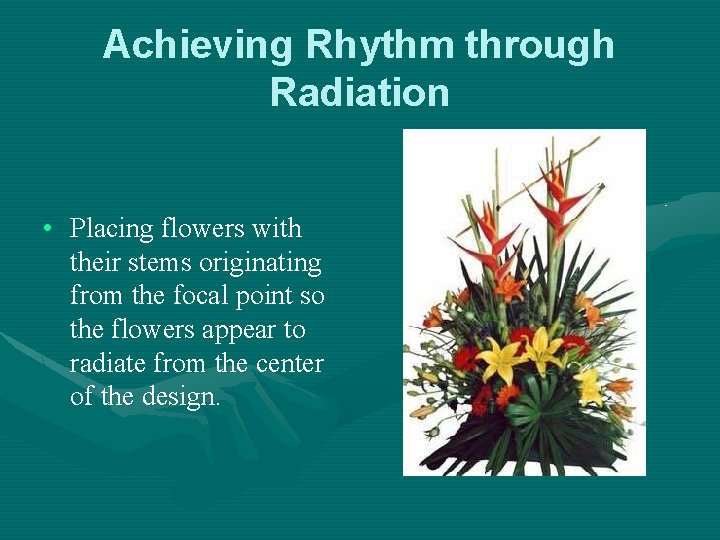 Achieving Rhythm through Radiation • Placing flowers with their stems originating from the focal