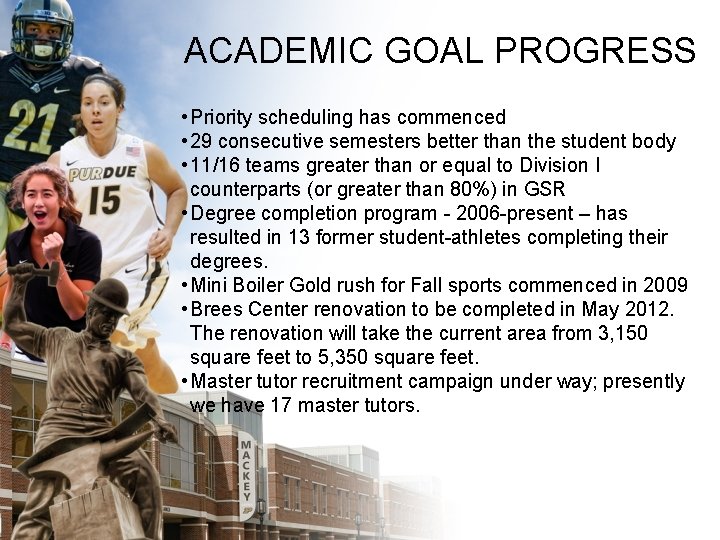 ACADEMIC GOAL PROGRESS • Priority scheduling has commenced • 29 consecutive semesters better than