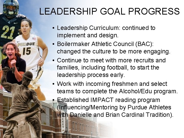 LEADERSHIP GOAL PROGRESS • Leadership Curriculum: continued to implement and design. • Boilermaker Athletic