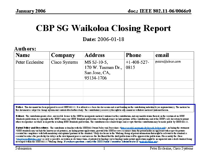 January 2006 doc. : IEEE 802. 11 -06/0066 r 0 CBP SG Waikoloa Closing
