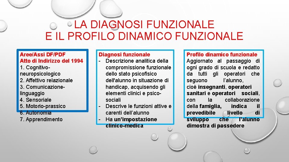 LA DIAGNOSI FUNZIONALE E IL PROFILO DINAMICO FUNZIONALE Aree/Assi DF/PDF Atto di Indirizzo del