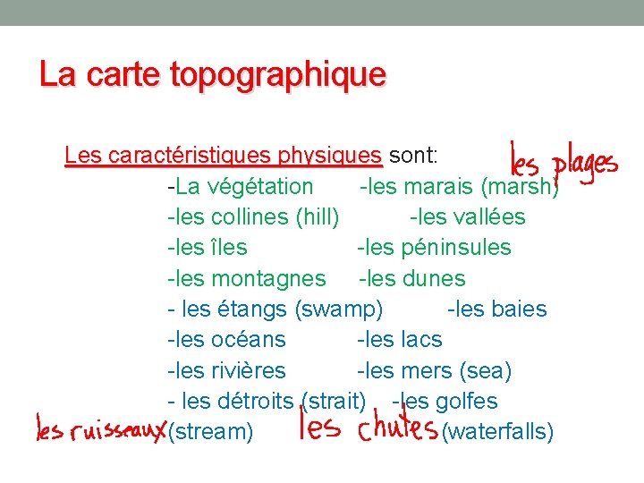 La carte topographique Les caractéristiques physiques sont: -La végétation -les marais (marsh) -les collines