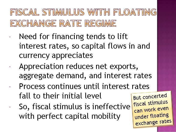 FISCAL STIMULUS WITH FLOATING EXCHANGE RATE REGIME Need for financing tends to lift interest