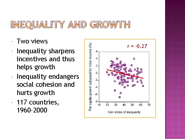 INEQUALITY AND GROWTH Two views Inequality sharpens incentives and thus helps growth Inequality endangers