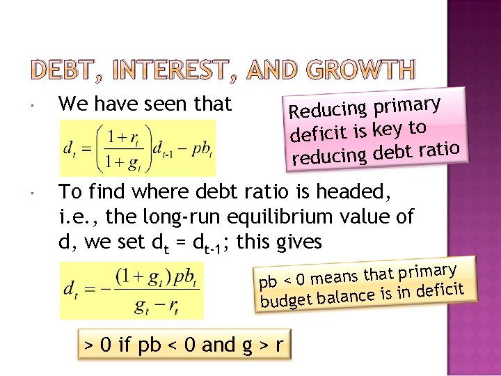 DEBT, INTEREST, AND GROWTH y Reducing primar deficit is key to o i t