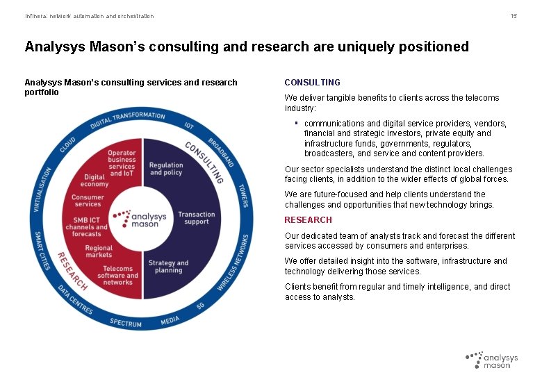 Infinera: network automation and orchestration 15 Analysys Mason’s consulting and research are uniquely positioned