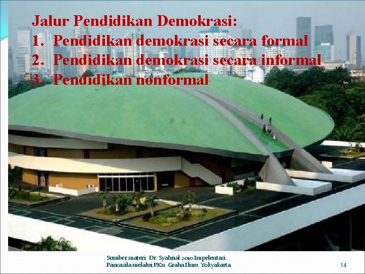 Jalur Pendidikan Demokrasi: 1. Pendidikan demokrasi secara formal 2. Pendidikan demokrasi secara informal 3.