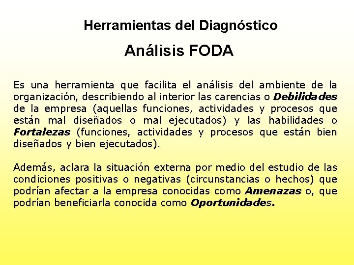 Herramientas del Diagnóstico Análisis FODA Es una herramienta que facilita el análisis del ambiente