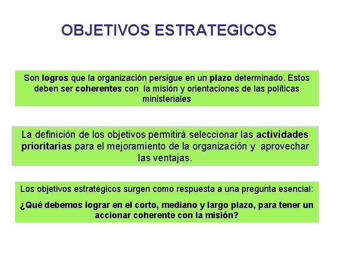 OBJETIVOS ESTRATEGICOS Son logros que la organización persigue en un plazo determinado. Estos deben