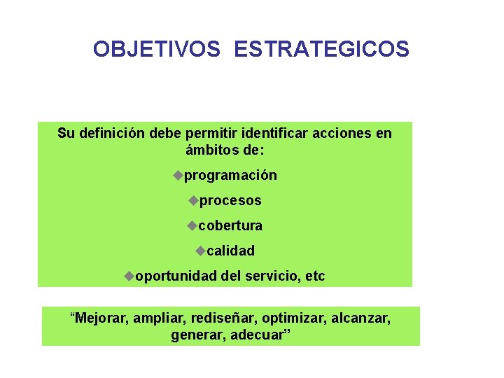 OBJETIVOS ESTRATEGICOS Su definición debe permitir identificar acciones en ámbitos de: uprogramación uprocesos ucobertura