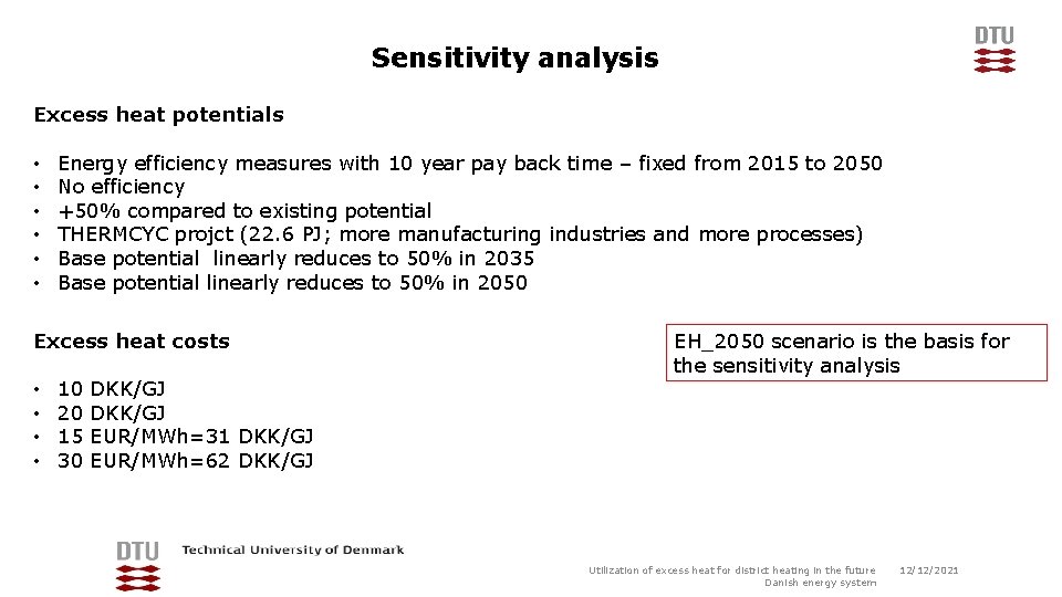Sensitivity analysis Excess heat potentials • • • Energy efficiency measures with 10 year