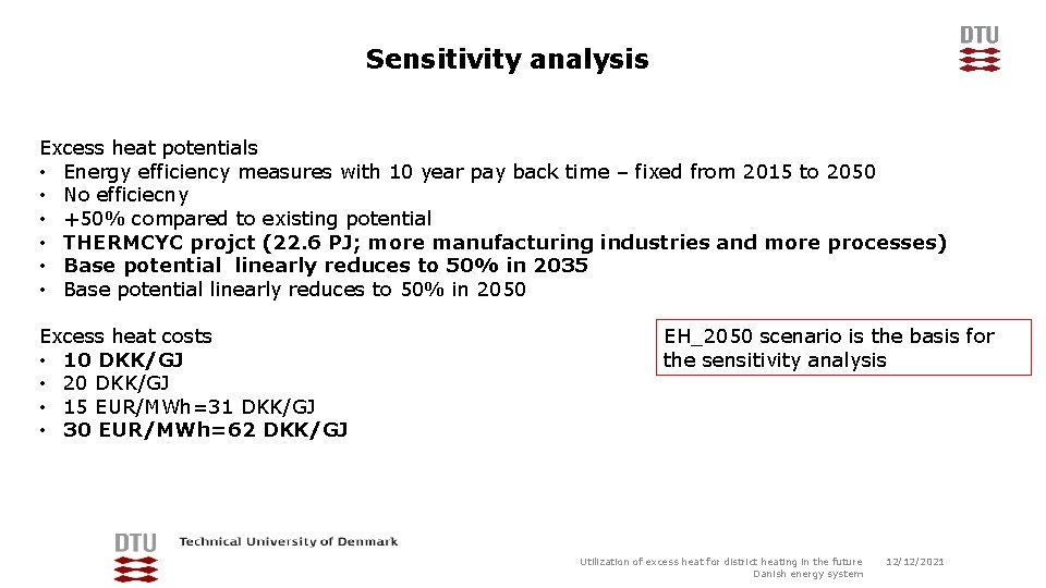 Sensitivity analysis Excess heat potentials • Energy efficiency measures with 10 year pay back