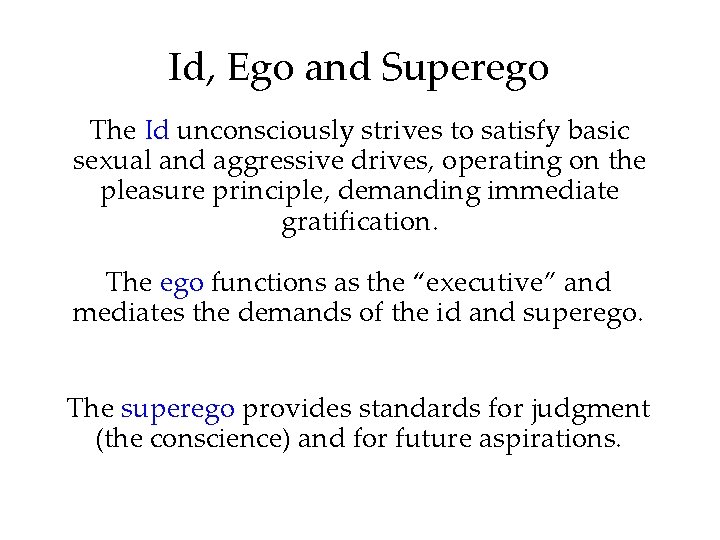 Id, Ego and Superego The Id unconsciously strives to satisfy basic sexual and aggressive