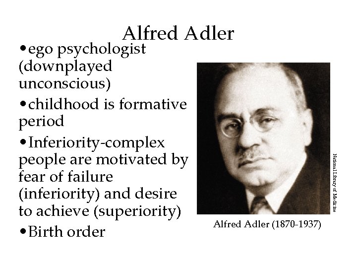 Alfred Adler National Library of Medicine • ego psychologist (downplayed unconscious) • childhood is