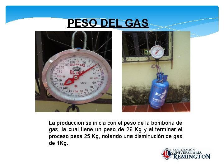 PESO DEL GAS La producción se inicia con el peso de la bombona de