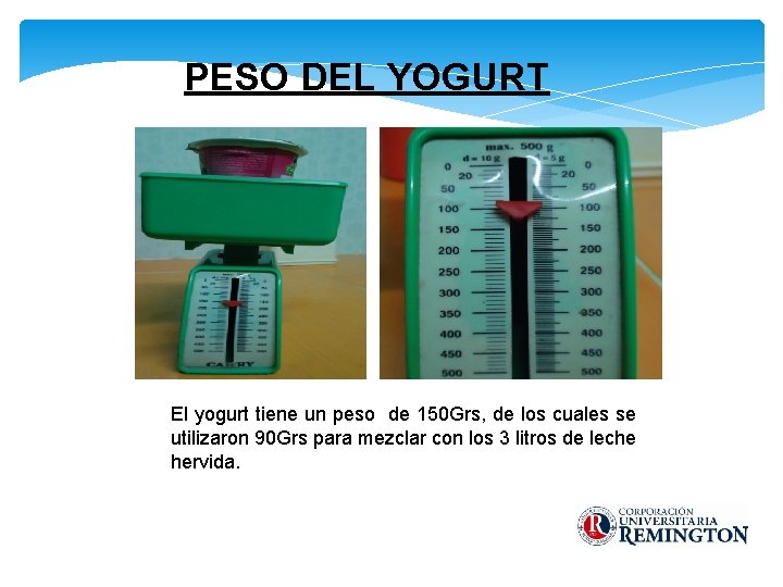 PESO DEL YOGURT El yogurt tiene un peso de 150 Grs, de los cuales