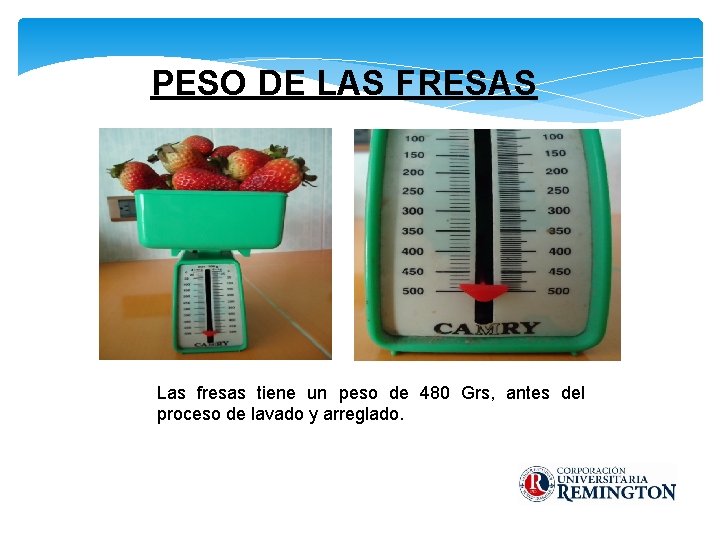 PESO DE LAS FRESAS Las fresas tiene un peso de 480 Grs, antes del