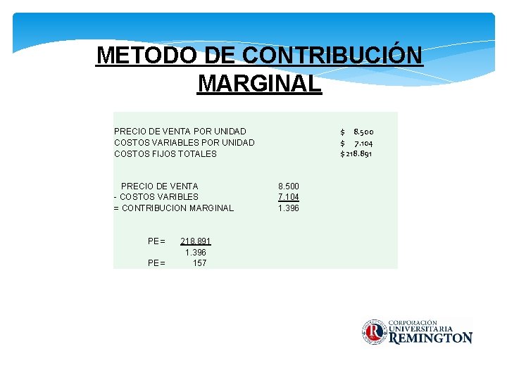 METODO DE CONTRIBUCIÓN MARGINAL $ 8. 500 $ 7. 104 $ 218. 891 PRECIO