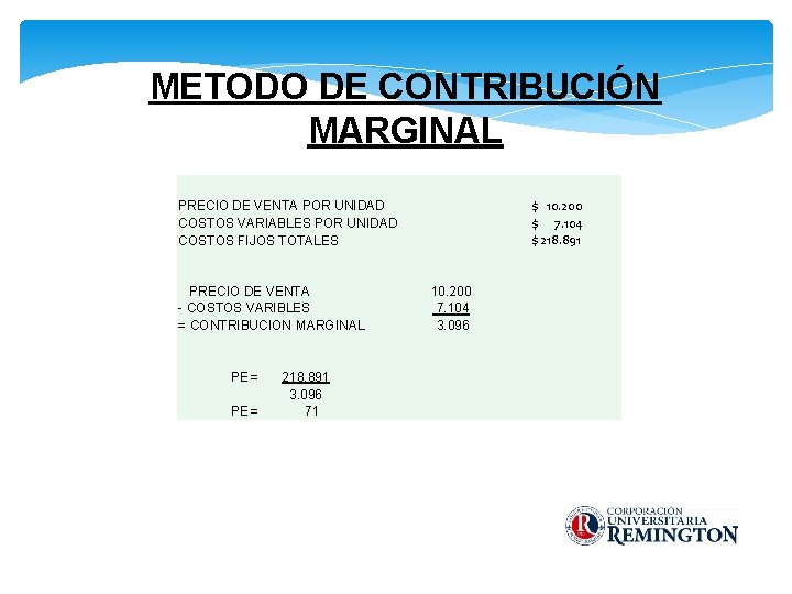 METODO DE CONTRIBUCIÓN MARGINAL $ 10. 200 $ 7. 104 $ 218. 891 PRECIO