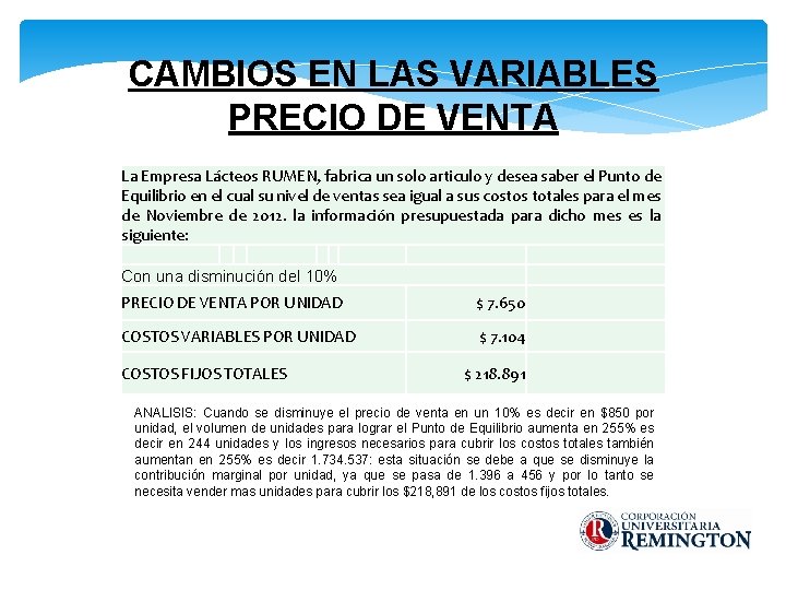 CAMBIOS EN LAS VARIABLES PRECIO DE VENTA La Empresa Lácteos RUMEN, fabrica un solo