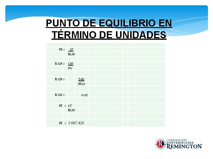 PUNTO DE EQUILIBRIO EN TÉRMINO DE UNIDADES PE = CF %CM % CM =