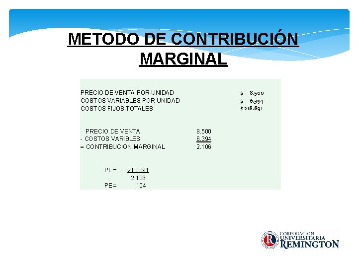 METODO DE CONTRIBUCIÓN MARGINAL $ 8. 500 $ 6. 394 $ 218. 891 PRECIO