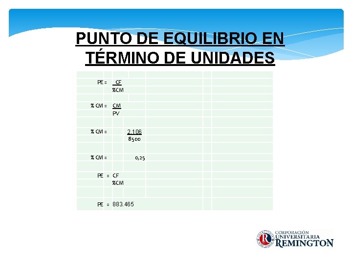 PUNTO DE EQUILIBRIO EN TÉRMINO DE UNIDADES PE = CF %CM % CM =