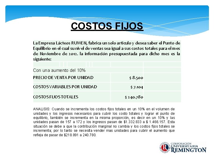 COSTOS FIJOS La Empresa Lácteos RUMEN, fabrica un solo articulo y desea saber el