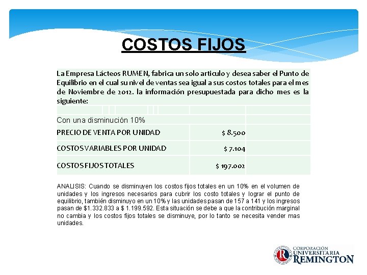 COSTOS FIJOS La Empresa Lácteos RUMEN, fabrica un solo articulo y desea saber el