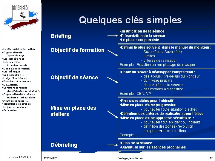 Quelques clés simples Briefing • Le référentiel de formation • Organisation de Objectif de