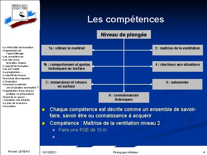 Les compétences Niveau de plongée • Le référentiel de formation • Organisation de 1