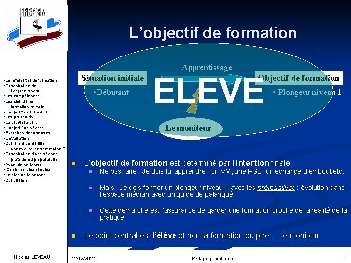 L’objectif de formation Apprentissage Situation initiale • Le référentiel de formation • Organisation de