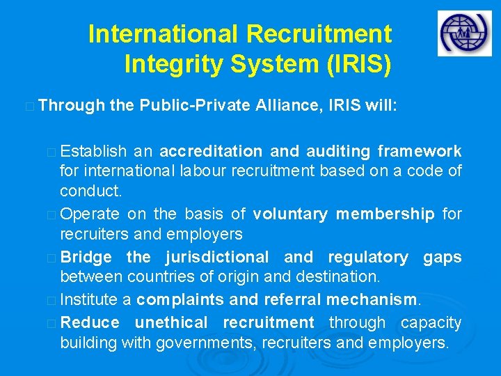 International Recruitment Integrity System (IRIS) � Through the Public-Private Alliance, IRIS will: � Establish