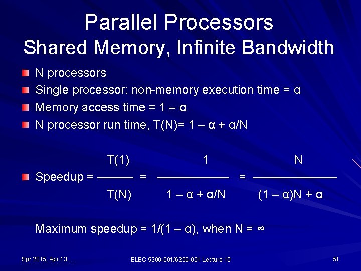 Parallel Processors Shared Memory, Infinite Bandwidth N processors Single processor: non-memory execution time = Parallel Processors Shared Memory, Infinite Bandwidth N processors Single processor: non-memory execution time =