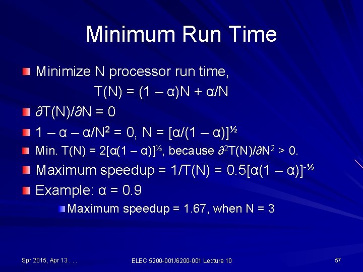Minimum Run Time Minimize N processor run time, T(N) = (1 – α)N + Minimum Run Time Minimize N processor run time, T(N) = (1 – α)N +
