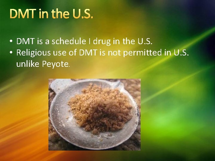 DMT in the U. S. • DMT is a schedule I drug in the