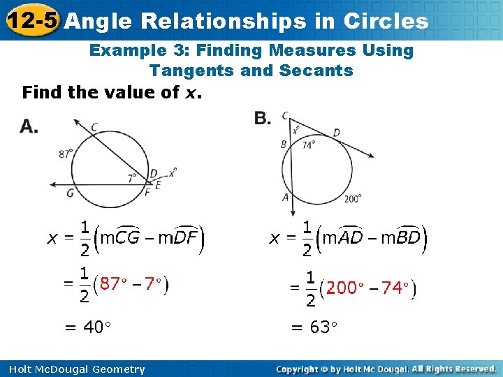12 -5 Angle Relationships in Circles Example 3: Finding Measures Using Tangents and Secants