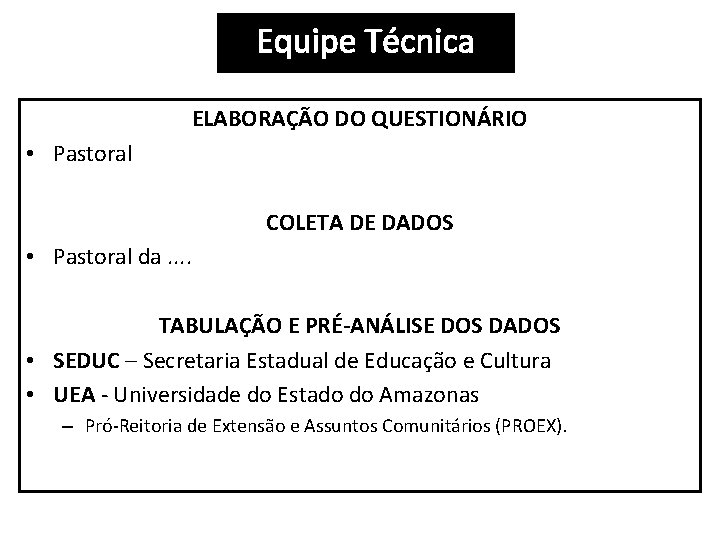 Equipe Técnica ELABORAÇÃO DO QUESTIONÁRIO • Pastoral COLETA DE DADOS • Pastoral da. .