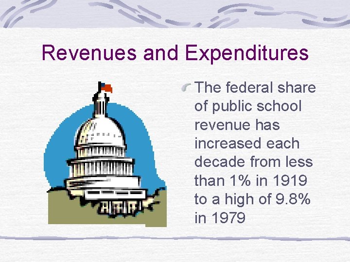 Revenues and Expenditures The federal share of public school revenue has increased each decade