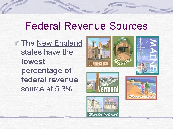 Federal Revenue Sources The New England states have the lowest percentage of federal revenue