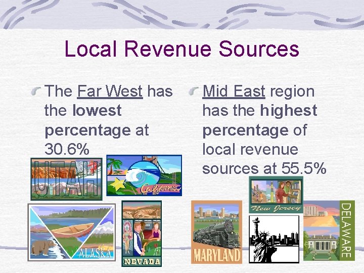 Local Revenue Sources The Far West has the lowest percentage at 30. 6% Mid