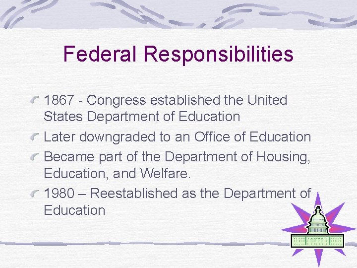 Federal Responsibilities 1867 - Congress established the United States Department of Education Later downgraded
