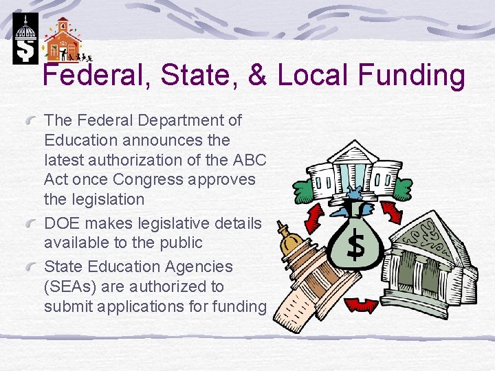 Federal, State, & Local Funding The Federal Department of Education announces the latest authorization