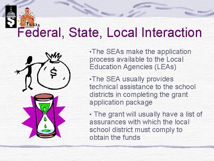 Federal, State, Local Interaction • The SEAs make the application process available to the