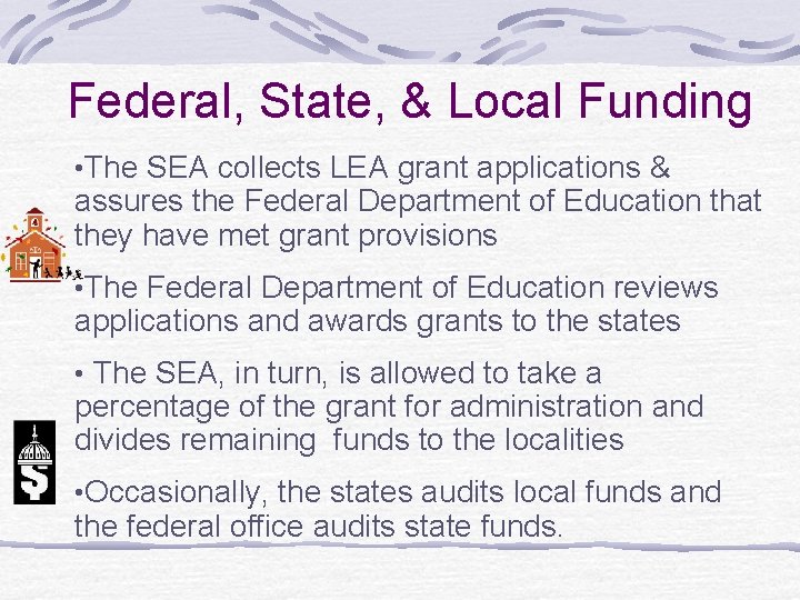 Federal, State, & Local Funding • The SEA collects LEA grant applications & assures