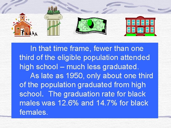 In that time frame, fewer than one third of the eligible population attended high