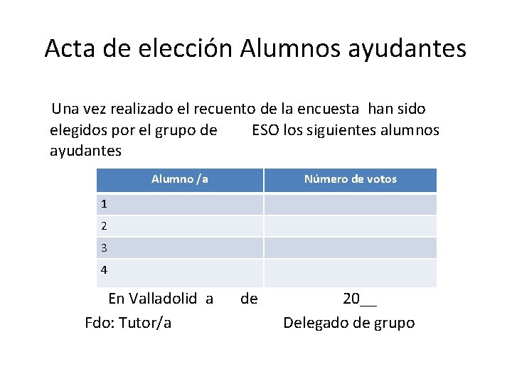 Acta de elección Alumnos ayudantes Una vez realizado el recuento de la encuesta han