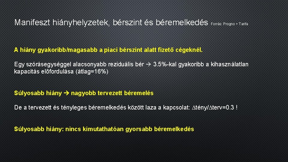 Manifeszt hiányhelyzetek, bérszint és béremelkedés Forrás: Progno + Tarifa A hiány gyakoribb/magasabb a piaci